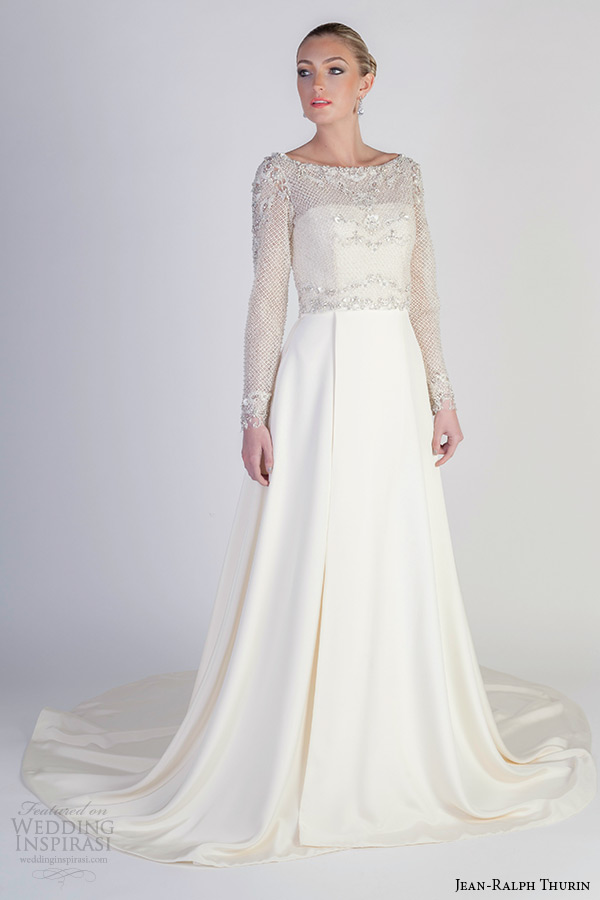 jean ralph thurin spring 2016 bridal bateau neckline net long sleeves topper a line wedding dress electra king