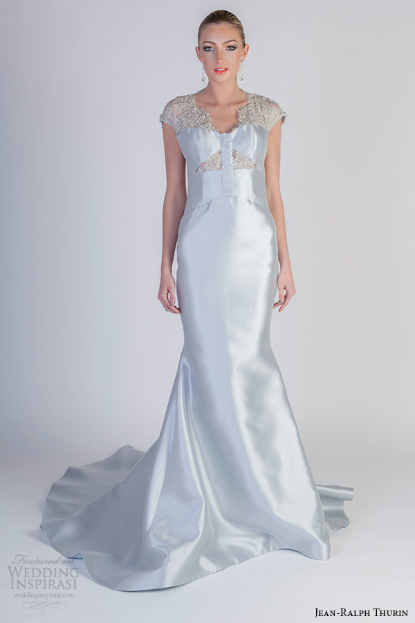 jean ralph thurin spring 2016 bridal cap sleeves fit to flare light blue mermaid wedding dress paris carver