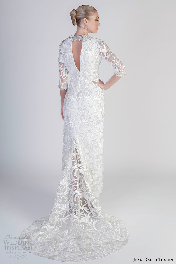 jean ralph thurin spring 2016 bridal jewel neckline filigree embroidered half sleeves column wedding dress aki back