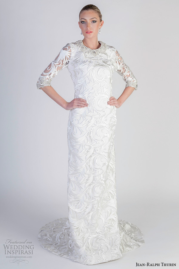 jean ralph thurin spring 2016 bridal jewel neckline filigree embroidered half sleeves column wedding dress aki