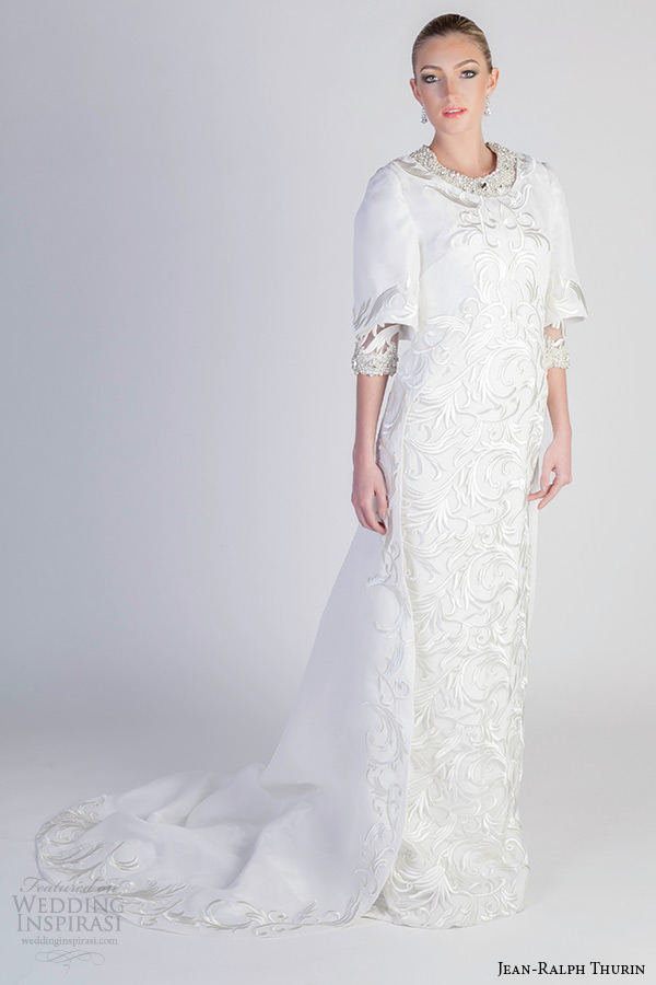 jean ralph thurin spring 2016 bridal jewel neckline filigree embroidered half sleeves column wedding dress with overcoat aki