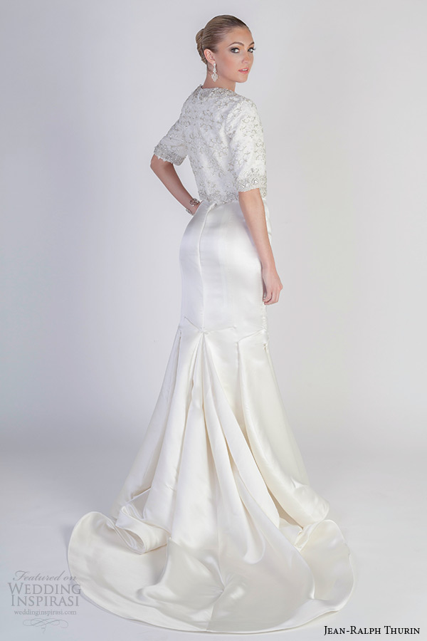 jean ralph thurin spring 2016 bridal jewel neckline half sleeves beaded topper fit and flare mermaid wedding dress pussy galore back