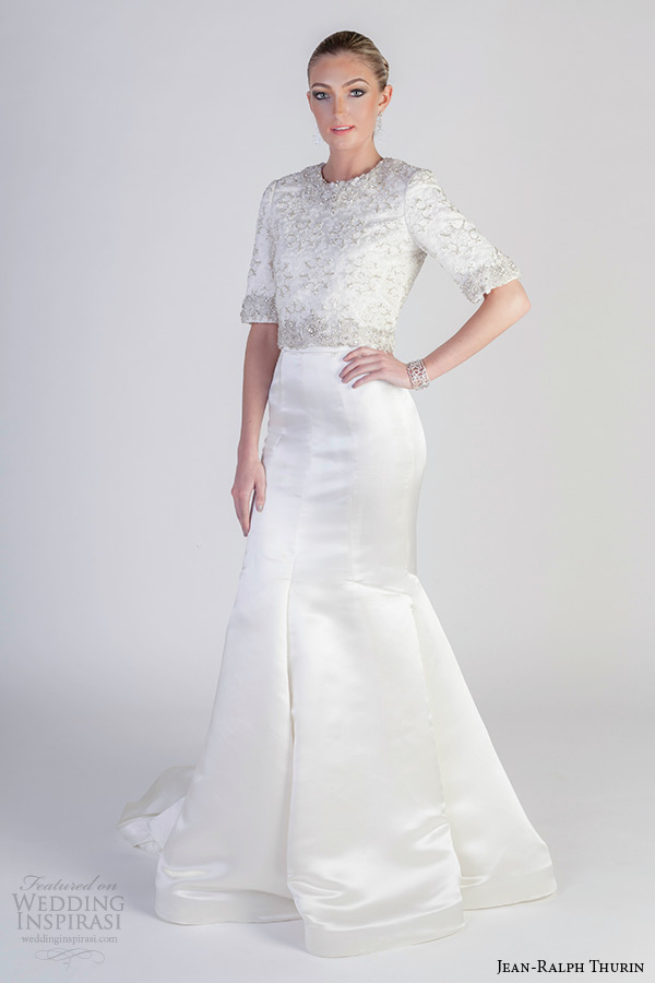 jean ralph thurin spring 2016 bridal jewel neckline half sleeves beaded topper fit and flare mermaid wedding dress pussy galore