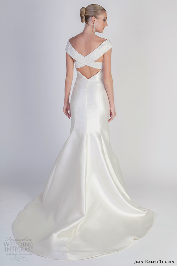 jean ralph thurin spring 2016 bridal off the shoulder neckline fit to flare mermaid wedding dress vespa back