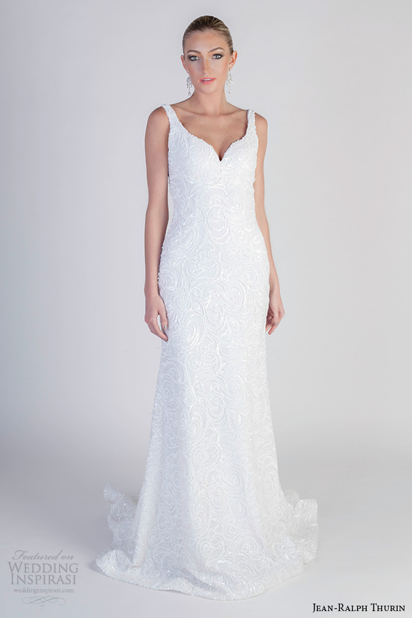 jean ralph thurin spring 2016 bridal strap v neckline filigree flora embroidery sheath weding dress anya amasova