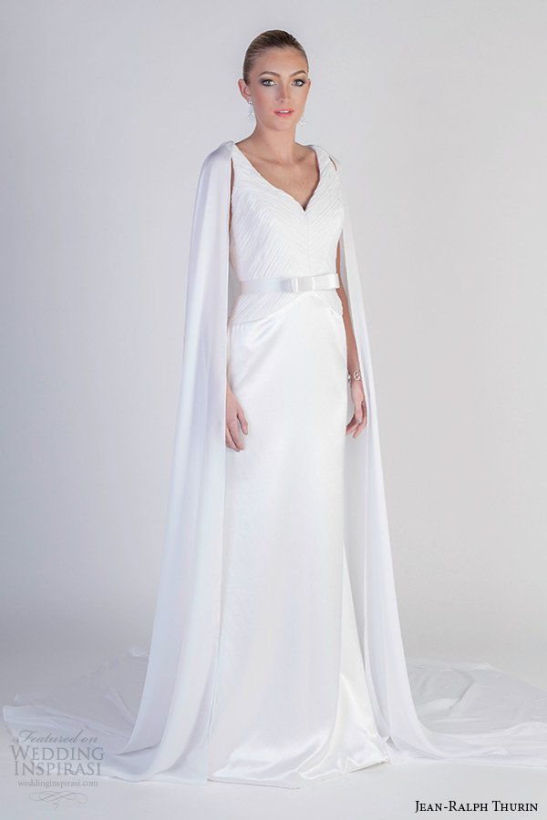 jean ralph thurin spring 2016 bridal strap v neckline sleek chic sheath wedding dress cape honey rider