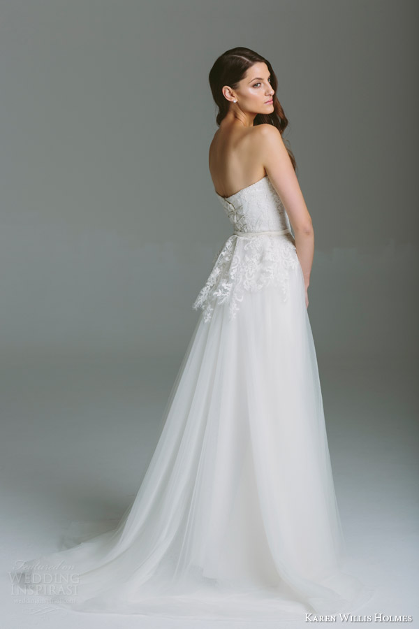 karen willis holmes 2015 bespoke wedding dress aimee strapless gown lace peplum bodice side