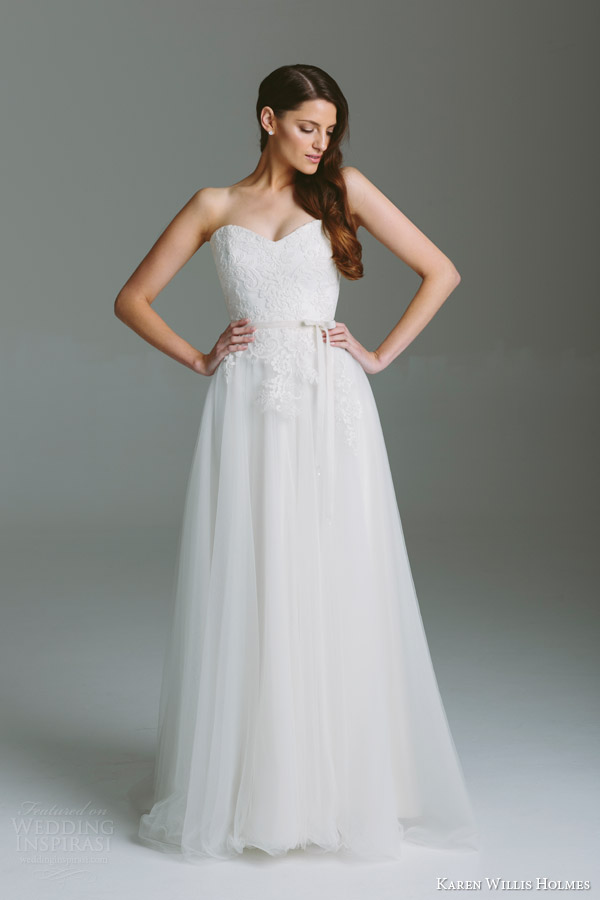 karen willis holmes 2015 bespoke wedding dress aimee strapless gown lace peplum bodice