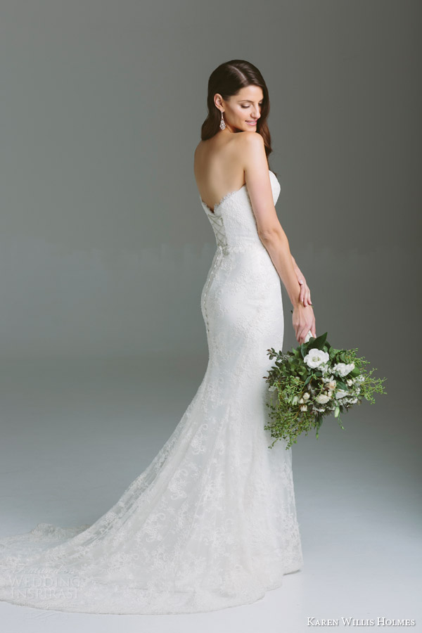 karen willis holmes bespoke bridal 2015 annika strapless bustier corded lace wedding dress back view train