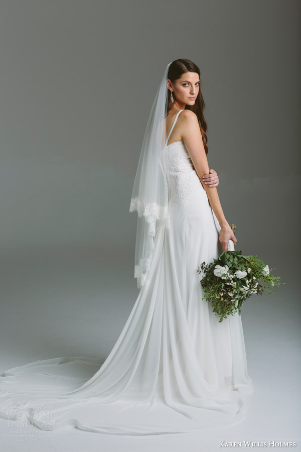 karen willis holmes bespoke bridal 2015 bonnie sleeveless corded lace bodice empire waist draped skirt wedding dress back train