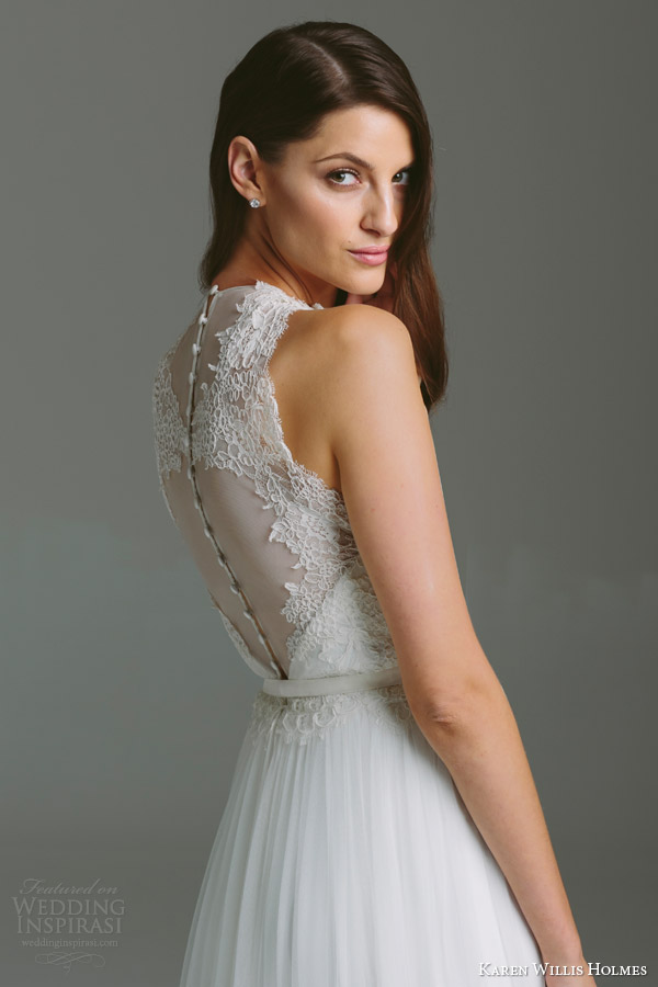 karen willis holmes bespoke bridal 2015 dahlia sleeveless high neck wedding dress lace bodice illusion back close up