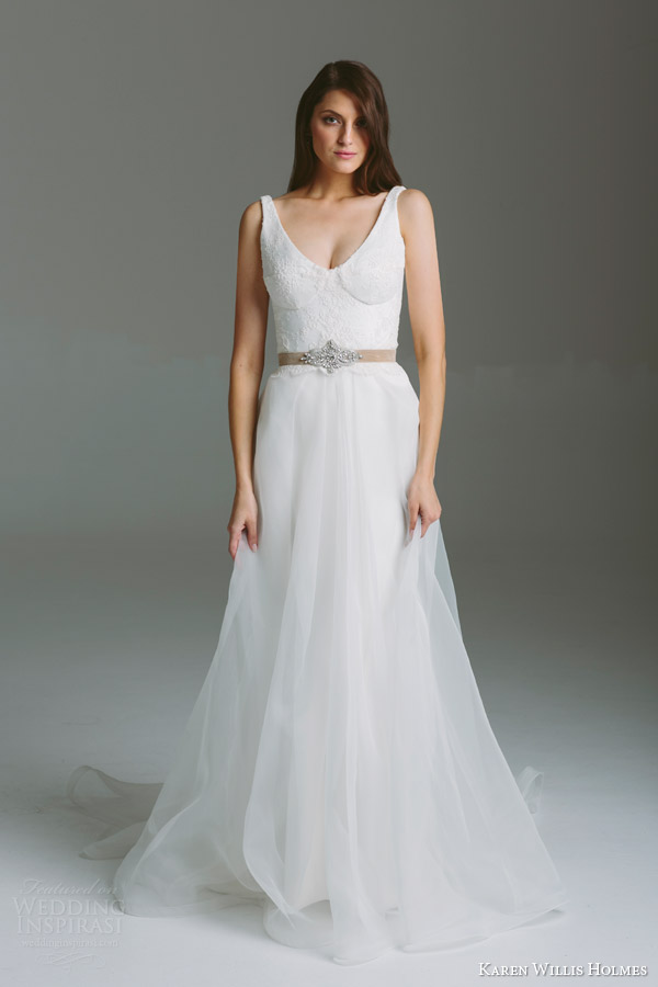 karen willis holmes bridal 2015 bespoke collection juliet sleeveless wedding dress corede lace bodice