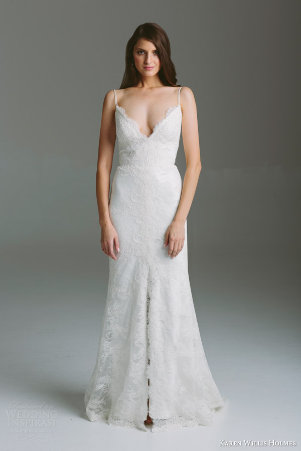 karen willis holmes bridal 2015 bespoke gianna wedding dress v neckline corded lace center slit skirt spaghetti straps