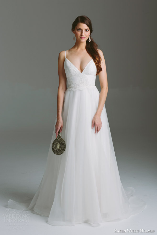 karen willis holmes bridal 2015 bespoke holly sleeveless wedding dress straps corded lace low v neckline organza skirt