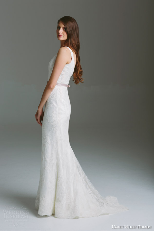 karen willis holmes bridal 2015 bespoke piper sleeveless all over corded lace wedding dress fluted skirt side
