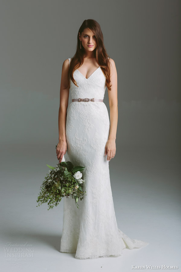 karen willis holmes bridal 2015 bespoke piper sleeveless all over corded lace wedding dress fluted skirt