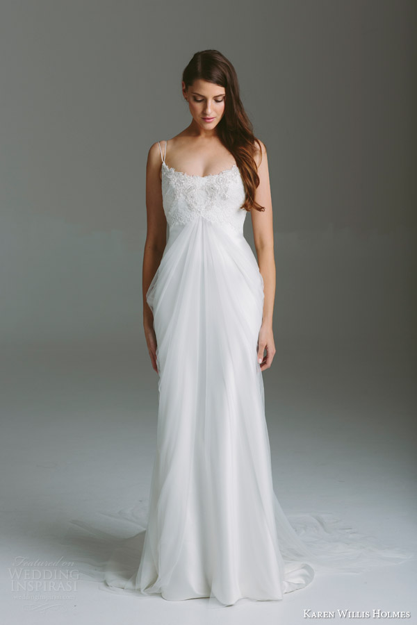 karen willis holmes bridal 2015 bespoke stella sleeveless wedding dress empire line gown lace bodice silky tulle skirt thin double straps