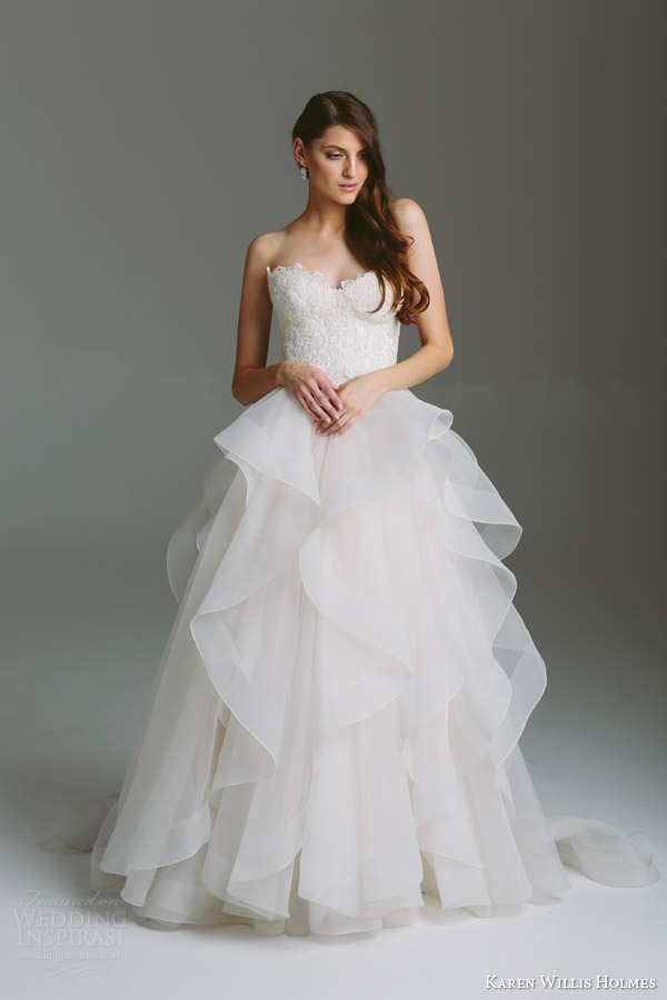 karen willis holmes bridal 2015 bespoke strapless wedding dress selena guipure lace bodice tulle layered skirt