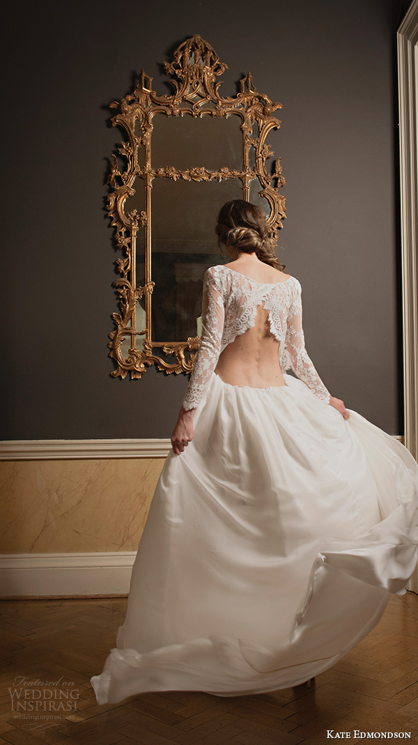 kate edmondson 2015 2016 couture bridal bateau neckline illusion lace long sleeves vintage column wedding dress back view