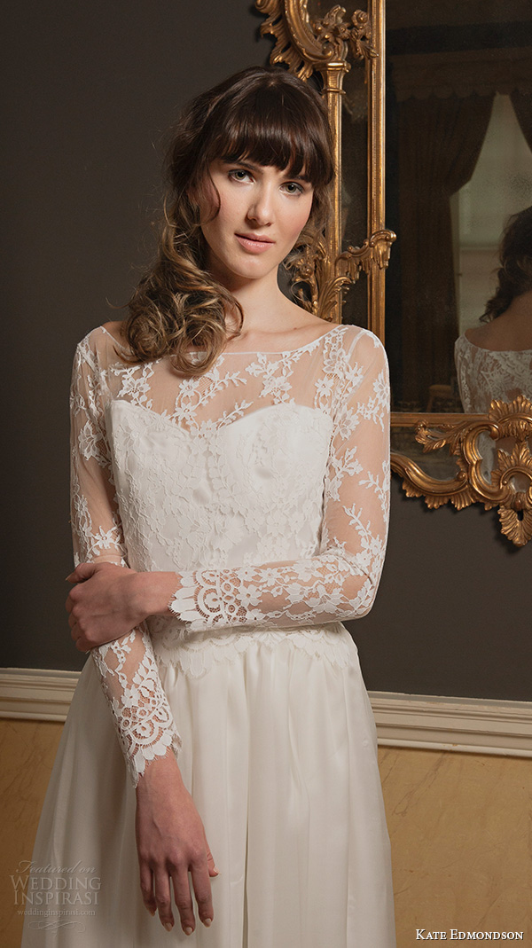 kate edmondson 2015 2016 couture bridal bateau neckline illusion lace long sleeves vintage column wedding dress close up