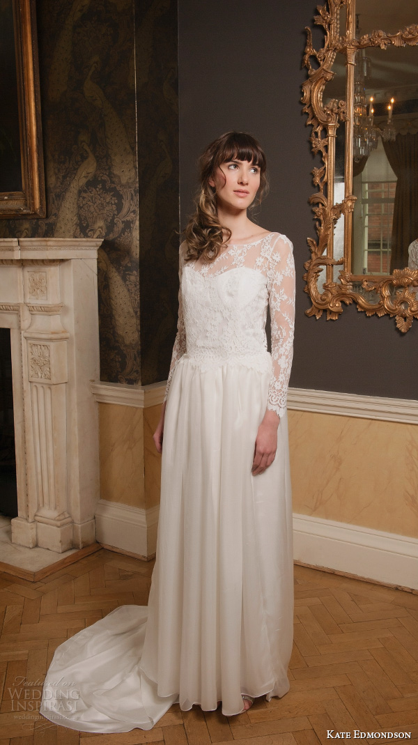 kate edmondson 2015 2016 couture bridal bateau neckline illusion lace long sleeves vintage column wedding dress