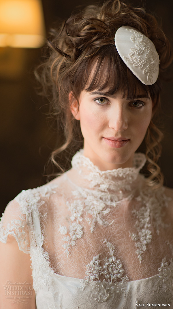 kate edmondson 2015 2016 couture bridal cap sleeves high neck lace overlay tea length sheath wedding dress with fascinator close up