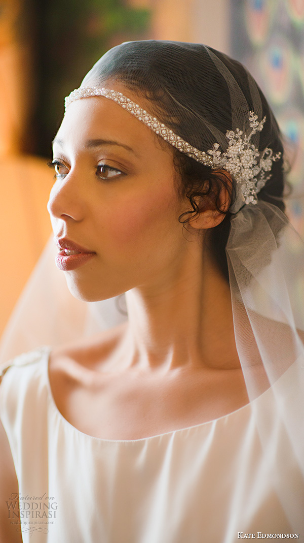 kate edmondson 2015 2016 couture bridal embroidery cap sleeves scoop neckline vintage empire wedding dress with veil close up side