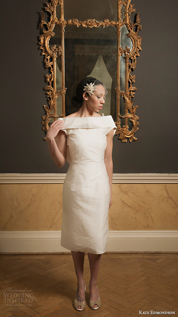 kate edmondson 2015 2016 couture bridal off the shoulder short sheath wedding dress fascinator netting