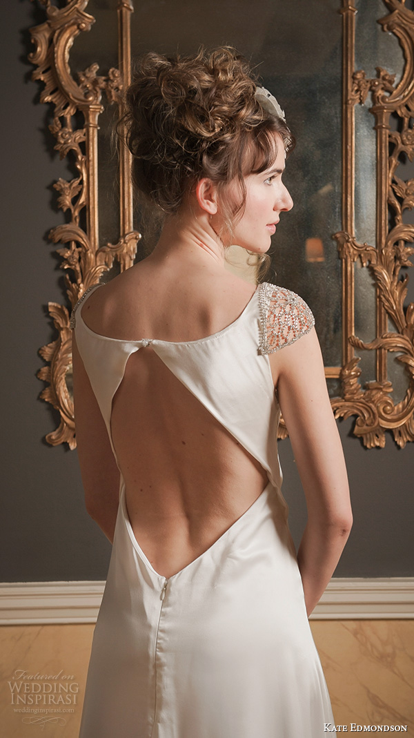 kate edmondson 2015 2016 couture wedding jewel cap sleeves v neck empire wedding dress feather fascinator back view closeup