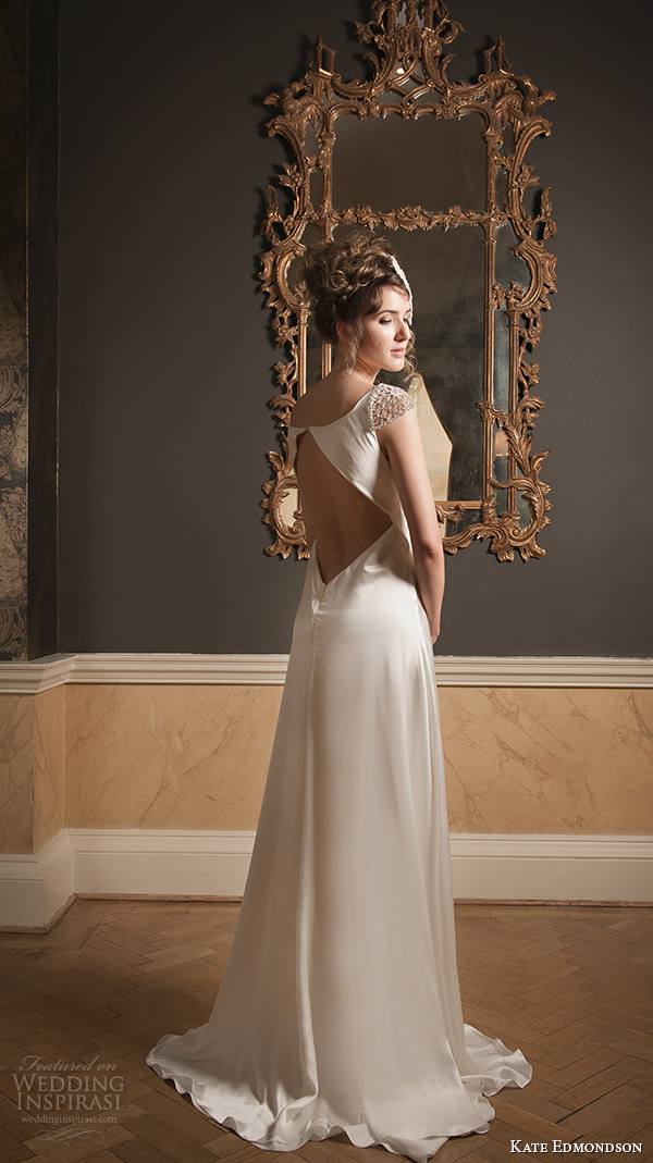 kate edmondson 2015 2016 couture wedding jewel cap sleeves v neck empire wedding dress feather fascinator back view