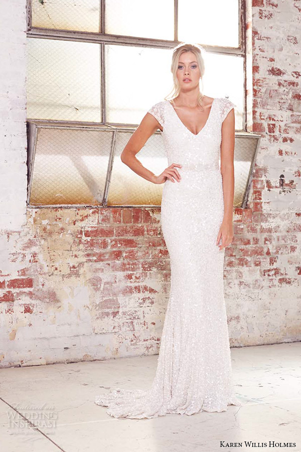 kwh by karen willis holmes 2015 bridal cap sleeves v neck beaded sheath wedding dress caitlyn