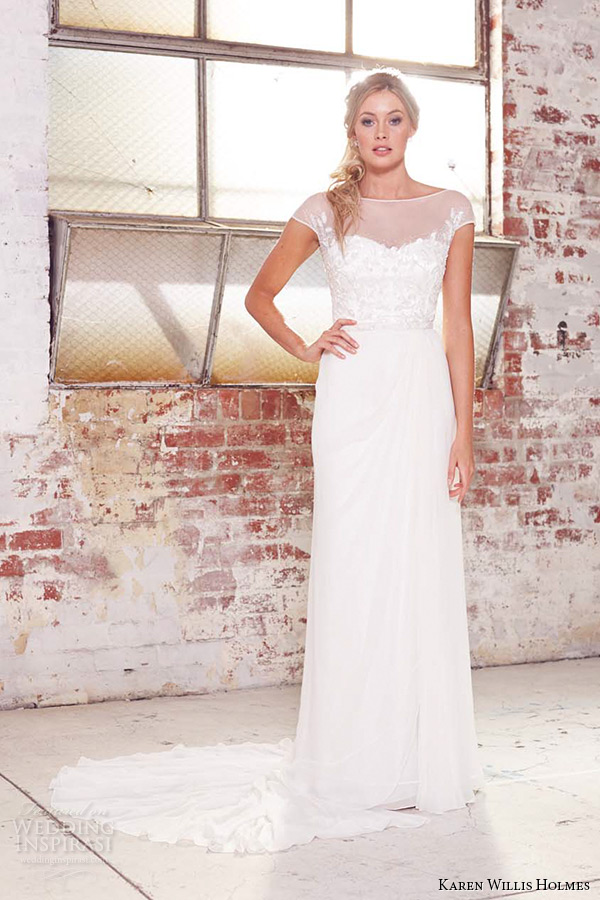 kwh by karen willis holmes 2015 bridal illusion bateau neckline cap sleeves sheath wedding dress lilly