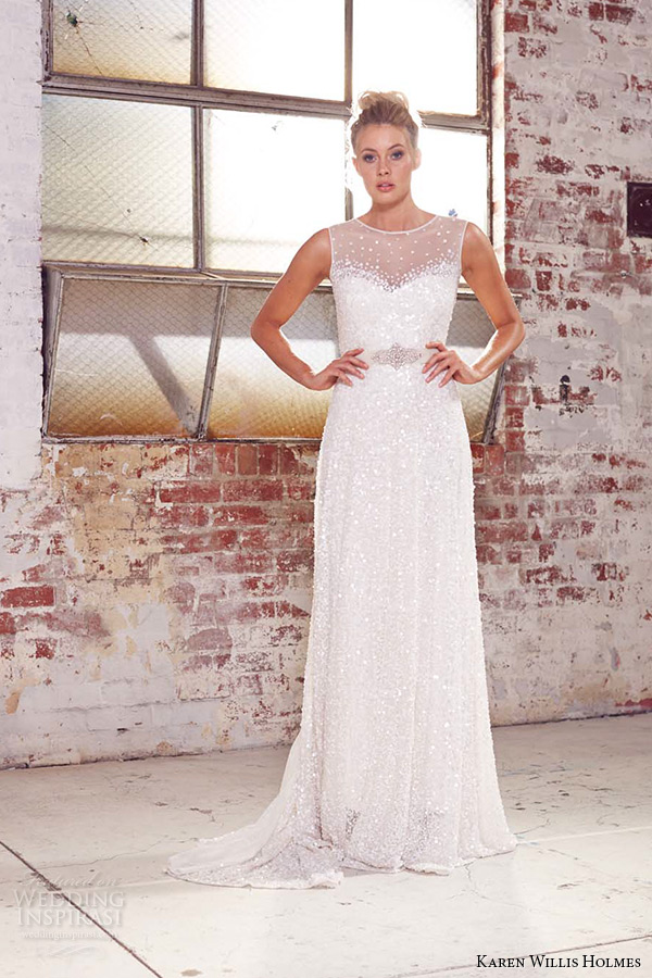 kwh by karen willis holmes 2015 bridal illusion jewel neckline sleeveless beaded crystals sheath wedding dress poppy