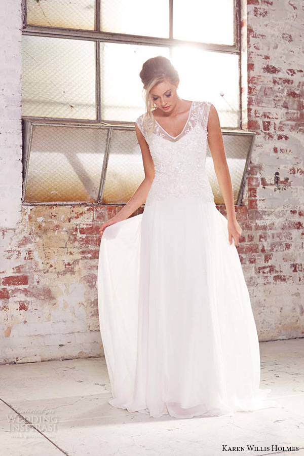 kwh by karen willis holmes 2015 bridal illusion strap v neckine beaded embroidery sheath wedding dress peony