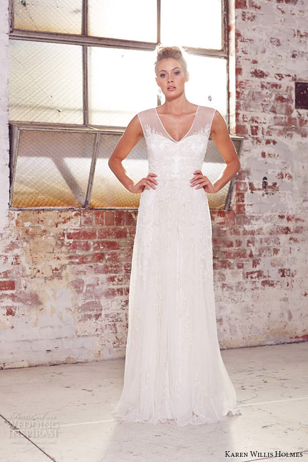 kwh by karen willis holmes 2015 bridal sheer strap v neckline embroidery bodce sheath wedding dress ivy