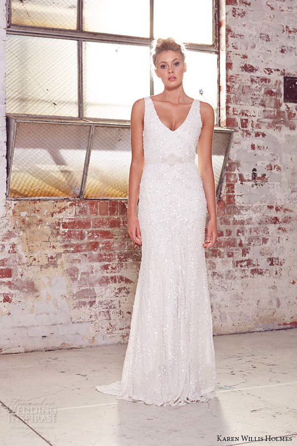 kwh by karen willis holmes 2015 bridal sleeveless v neck beaded ribbon belt sheath wedding dress aster