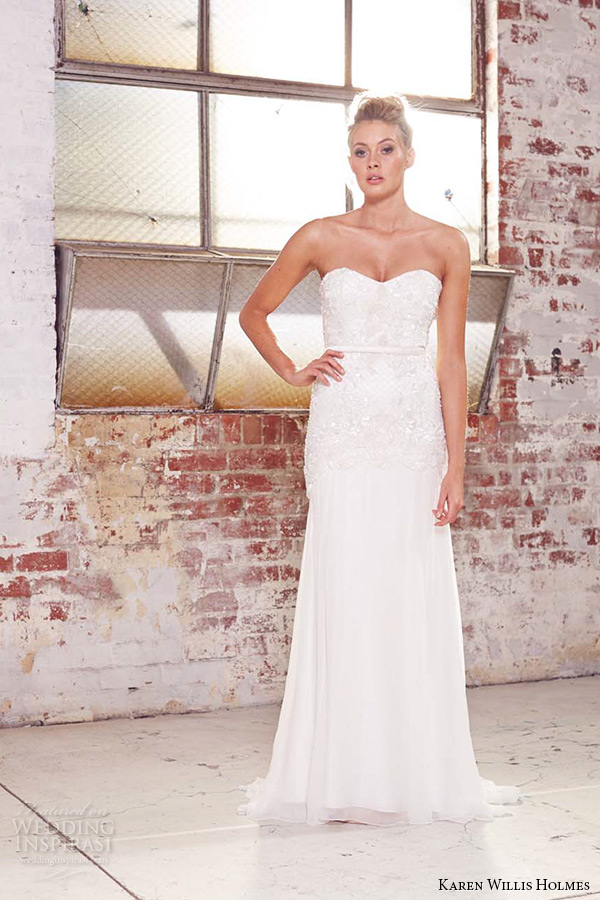 kwh by karen willis holmes 2015 bridal strapless sweetheart neckline beaded embroidery bodice belt sheath wedding dress tulip