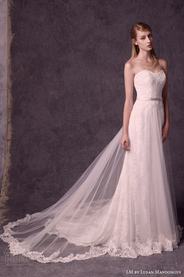 lm lusan mandongus 2015 bridal strapless sheath wedding dress a line sheer over skirt lace trimmed