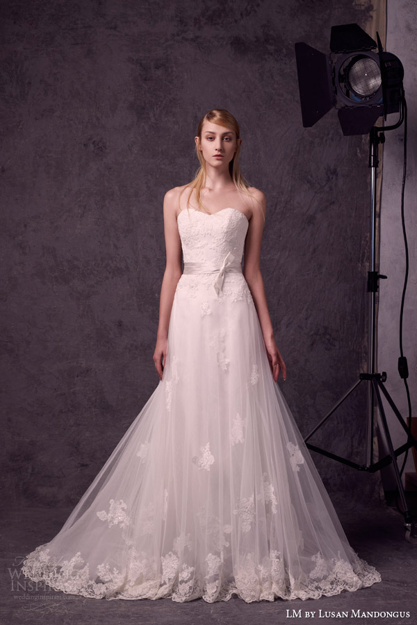 lm lusan mandongus bridal 2015 2016 strapless sweetheart wedding dress lace bodice sheer overlay skirt