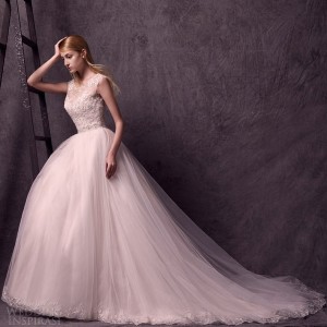 lm lusan mandongus bridal 2015 ball gown wedding dress cap sleeve lace bodice zoom