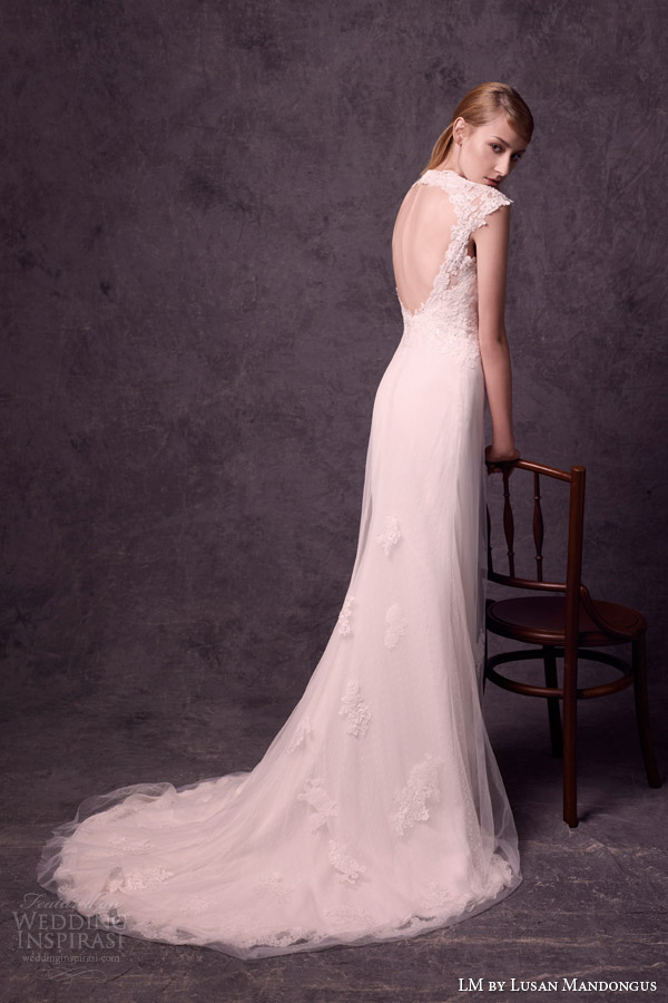 lm lusan mandongus bridal 2015 campaign cap sleeve lace bodice wedding dress keyhole back