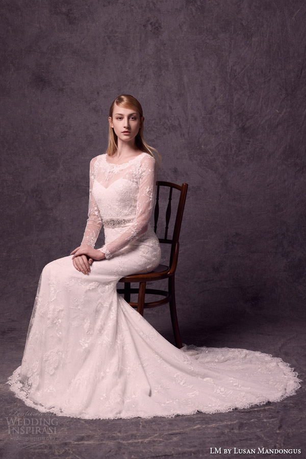 lm lusan mandongus bridal 2015 illusion long sleeve lace wedding dress belt