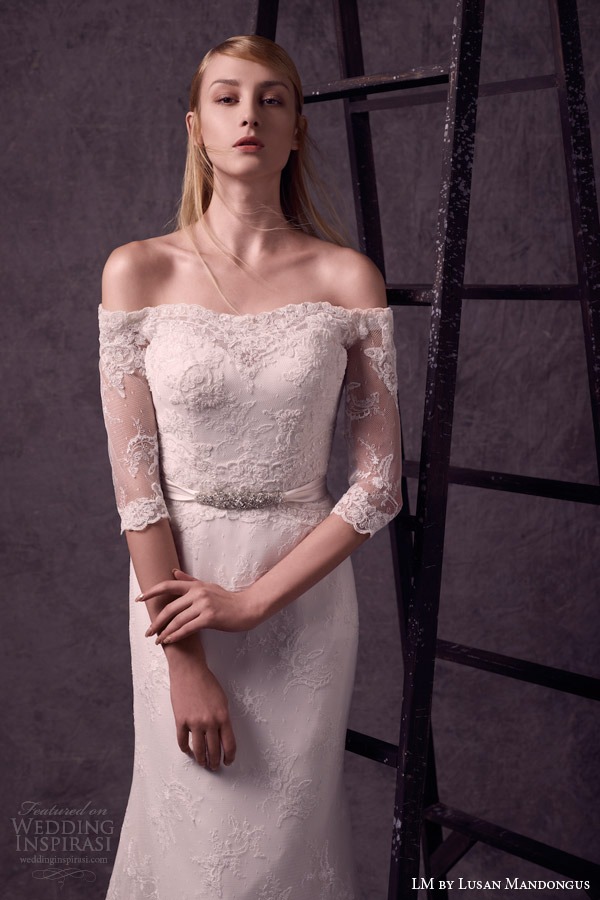 lm lusan mandongus bridal 2015 off shoulder half sleeve lace wedding dress bodice close up