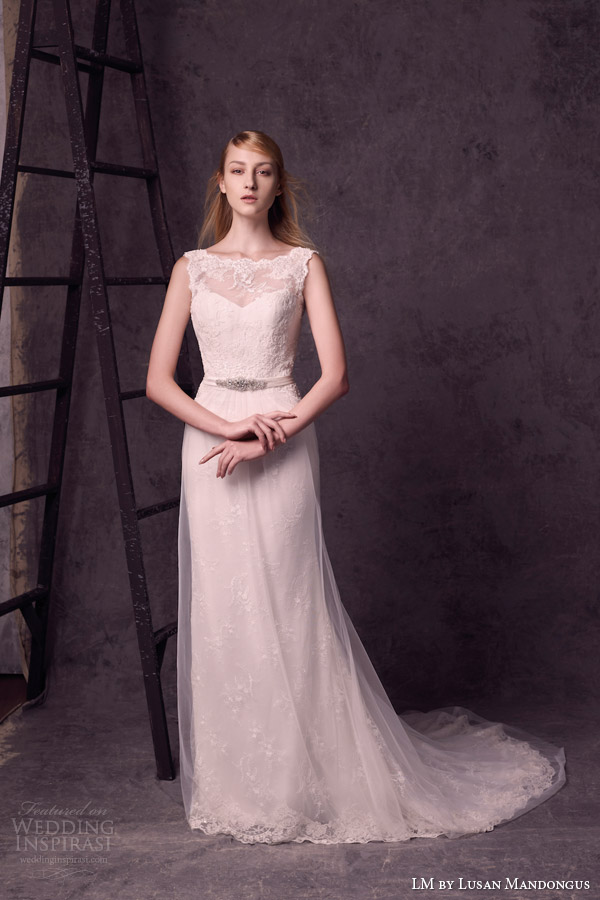 lm lusan mandongus bridal 2015 sleeveless bateau neckline wedding dress lace overlay
