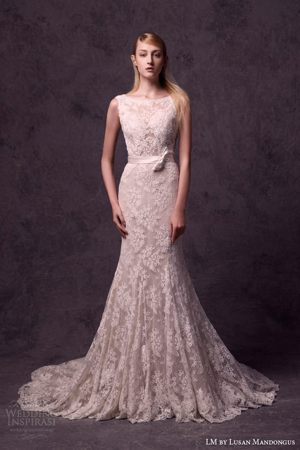 lm lusan mandongus bridal 2015 sleeveless bateau sabrina neckline trumpet sheath wedding dress lace