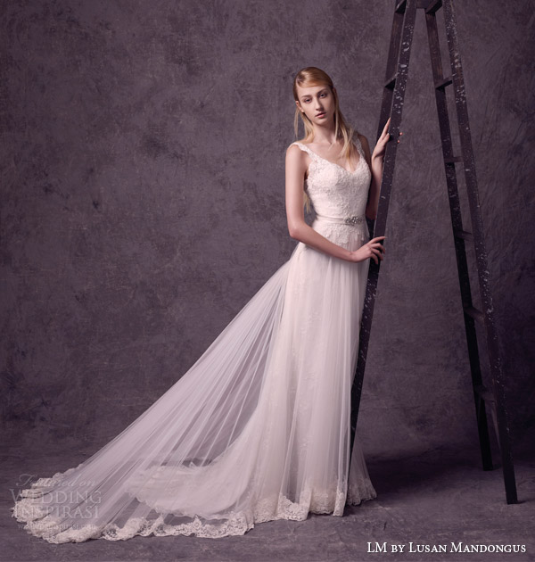lm lusan mandongus bridal 2015 sleevless lace wedding dress v neckline sheer overskirt lace edge