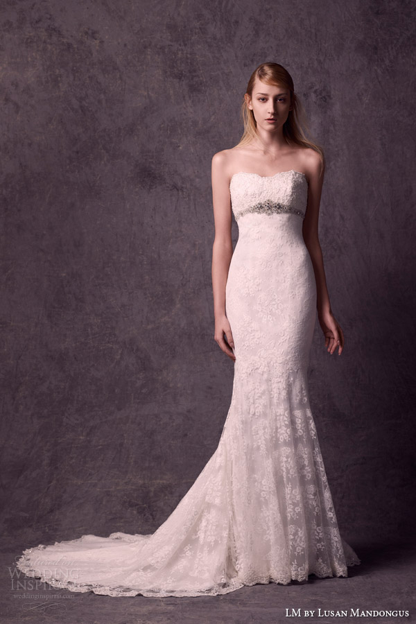 lm lusan mandongus bridal 2015 strapless lace sheath wedding dresse embellished empire line