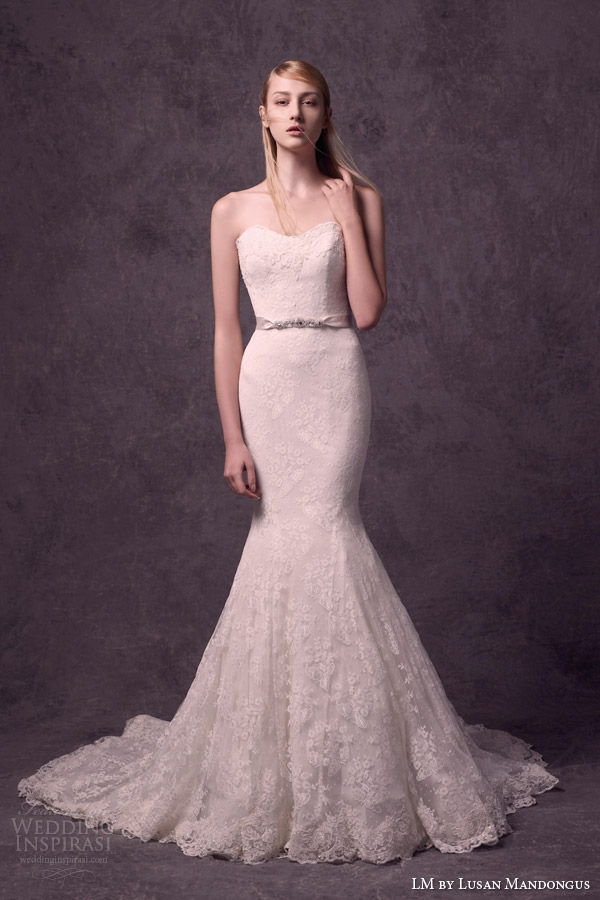 lm lusan mandongus bridal 2015 strapless sweetheart lace mermaid wedding dress embellished ribbon belt scalloped hem