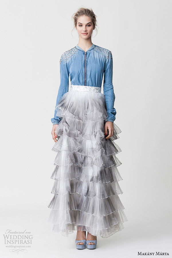 makany marta midsummer night dream bridal ready to wear collection long sleeves blue shirt layered gray dress