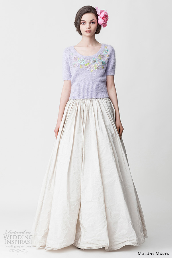 makany marta midsummer night dream bridal ready to wear collection purple knitted half sleeves top pleated a line white dress